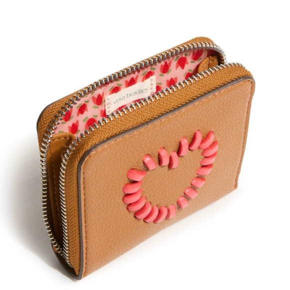 NWT Vera Bradley Faux Leather Zip Wallet w/Heart Appliqué | Cognac & Coral | NEW - Picture 3 of 14